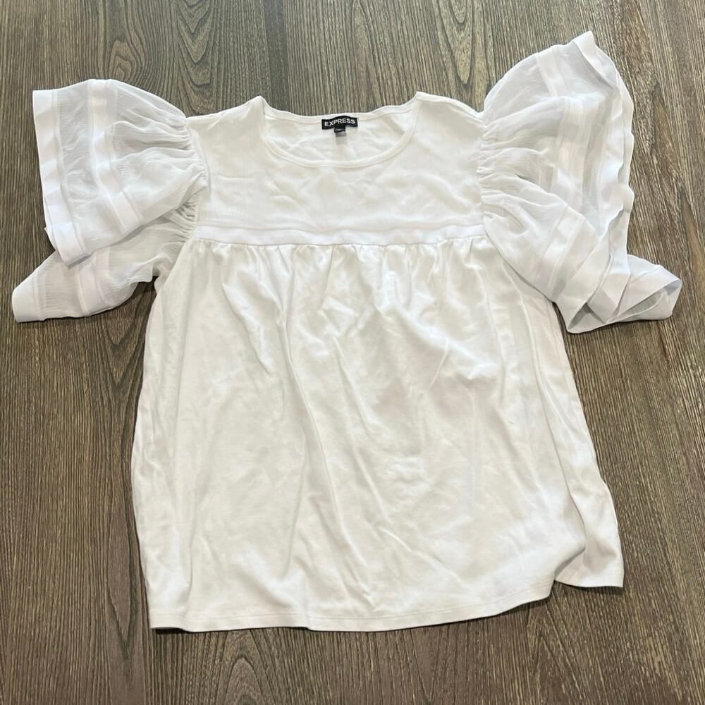 Express Ruffle Flare Sheer Short Sleeve Blouse Cotton Pullover White Size S